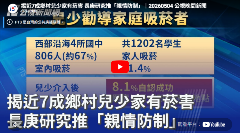 揭近7成鄉村兒少家有菸害 長庚研究推「親情防制」