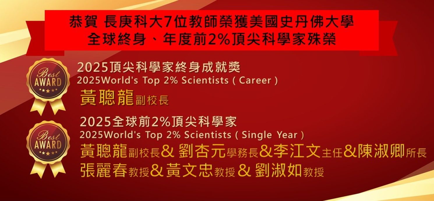 恭喜 黃聰龍副校長 & 劉杏元學務長& 李江文主任 & 陳淑卿所長 & 張麗春教授 & 黃文忠教授 & 劉淑如教授 榮獲全球前2%頂尖科學家